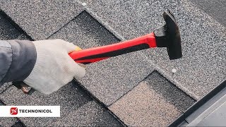 Installation of pitched roofing with shingles by TECHNONICOL  nailing method subtitles [upl. by Nymzaj]