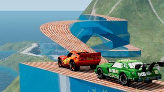 Lightning Mcqueen vs Chick Hicks vs Impossible Worm Spiral Wave Bridge Vs Deep Water  BeamNGDrive [upl. by Welby]