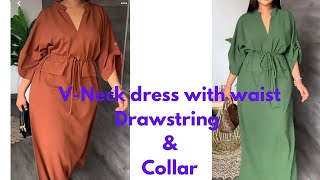 How to Sew THIS Easy VNeck Dress with welt Pocket illusion amp Flat Collar Drawstring Waist [upl. by Moll538]