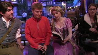 Flynn Rapunzel Tommy and Hannah chat after Tangled show Fantasy Faire Royal Theatre in Disneyland [upl. by Raknahs281]