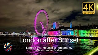 London Eye Houses of Parliament Westminster Bridge after Sunset  London England UK  4KUHD [upl. by Roderic]