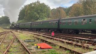 32424 “Beachy head” and 73083 “Camelot” departing Horsted Keynes with whistles [upl. by Natsyrk]