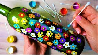 SUPER EASY Qtip Bottle Painting Rainbow Dot Flowers  How To with Lydia May [upl. by Alisia874]