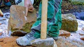 PREPARING NATURAL STONE FOR WALL BUILD  SHAPING SANDSTONE SQUARE ROCK CARVING PROCESSING BY HAND [upl. by Hailee]