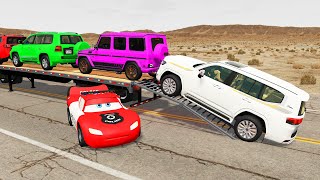 Double Flatbed Trailer Truck vs Speedbumps Train vs Cars  Tractor vs Train BeamngDrive 29 [upl. by Wylen472]