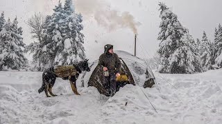 Caught in a Heavy Snowfall  Winter Camping in a Deep Snow Hot Tent Wood Stove Cold Weather [upl. by Thema]