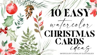 Easiest way to paint TEN watercolor Christmas cards for beginners [upl. by Nosiddam54]