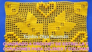 Cuadrado a crochet ESTRELLA Y CORAZONES para colchas y cojines [upl. by Valida]