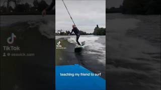 teaching my friend how to wakesurf he crash into the boat 🫣😅 [upl. by Lovering37]