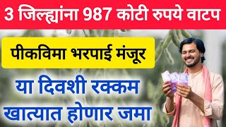 3 जिल्ह्यांना 987 कोटी रुपये मंजूर Pik Vima claim new update  Agrim Pik Vima 2024pmfby [upl. by Takken]