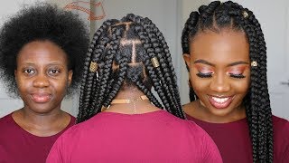 EASIEST JUMBO BOX BRAIDS PROTECTIVE STYLE On 4C Natural Hair  RUBBER BAND METHOD TUTORIAL  Howto [upl. by Zurkow]