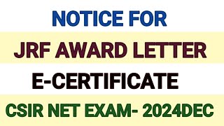 JRF Award letter and Ecertificate of csir net notice of documents verification for Ecertificate [upl. by Sivatco]