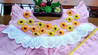 Beautiful hand embroidery sunflower on dress at home easilyArtsampDesign 🥰 [upl. by Ennaid]