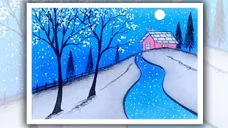 Snowfall scenery drawing with oil pastels How to draw moonlight [upl. by Anytsirk]