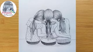 Best friends ❤ pencil Sketch Tutorial  How To Draw three Friends Hugging Each other  Art video [upl. by Nevsa]