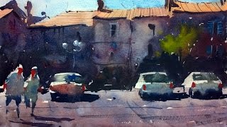 Watercolour demonstration by Tim Wilmot  How to paint a French Town Scene with Cars 4 [upl. by Theis]