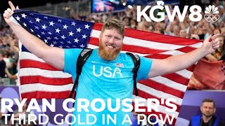 Oregons Ryan Crouser celebrates becoming threetime gold medalist [upl. by Gayelord]