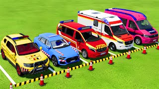 DACIA AUDI VOLKSWAGEN POLICE CARS amp MERCEDES AMBULANCE EMERGENCY VEHICLES TRANSPORTING  FS22 [upl. by Ainola915]