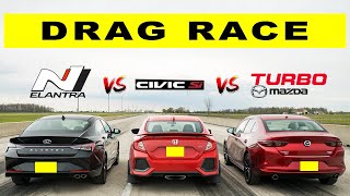 Mazda3 Turbo Races Hyundai Elantra N Line and Honda Civic Si  Drag and Roll Race [upl. by Auqenehs523]