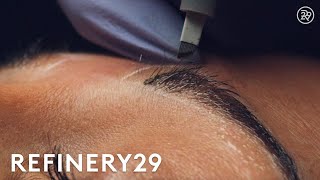 Microblading Permanent Eyebrow Tattoo Up Close  Macro Beauty  Refinery29 [upl. by Fleisig]