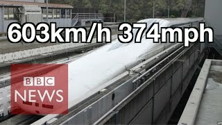 Japan Worlds fastest train 603kmh  BBC News [upl. by Lennod]