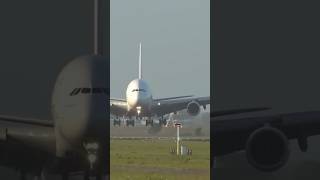 Amazing crosswind Landing by Emirates Airbus A380 at Frankfurt Airport [upl. by Georgy]