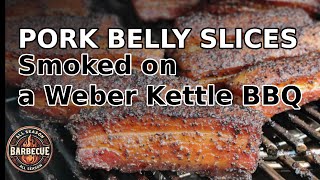 Pork belly slices low and slow smoked on a Weber kettle BBQ [upl. by Hoxie634]