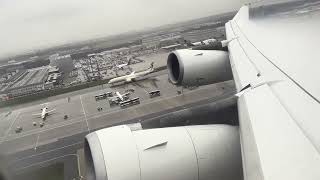 Slow Climb Lufthansa A340300 Takeoff in the rain from Frankfurt  DAIGL [upl. by Lrac]