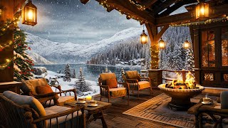 Cozy Winter Porch Ambience ⛄ Warm Piano Jazz Music and Crackling Fireplace on a Snowy Day for Relax [upl. by Auqkinahs]