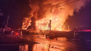 Woonsocket RI General Alarm Inferno 4 sty vacant mill destroyed by fast moving fire [upl. by Anerhs]