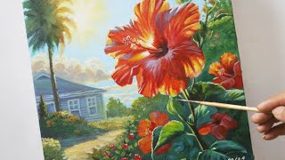 How to Acrylic Painting a Hibiscus Flowers on Canvas Step by Step Techniques for Beginners Tutorial [upl. by Eyr]