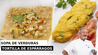 Sopa de verduras con pasta  Tortilla de espárragos y gambas  Karlos Arguiñano [upl. by Balthasar426]