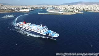 Aerial drone view  FB Nissos Rodos leaving Piraeus port [upl. by Sedgewake]