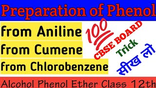 Preparation of Phenol from Aniline Chlorobenzene Cumene Alcohol phenol ether12thTutor India [upl. by Nairb]