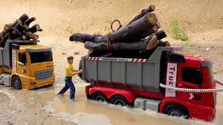 Truck and friends stuck in mud Team rescue with police car excavator tow trucks  BIBO TOYS [upl. by Nosecyrb]