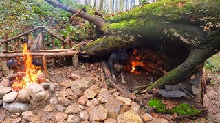 Bushcraft SURVIVAL Shelter Winter CAMPING in Rain THUNDER Outdoor Cooking Wild Camp [upl. by Nauqet]