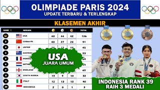 Klasemen Akhir Perolehan Medali Olimpiade Paris 2024  USA Juara Umum Indonesia Raih 3 Medali [upl. by Eico]