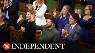 Trudeau and Zelensky give Ukrainian Nazi war veteran standing ovation in Canadian parliament [upl. by Ahsilla988]