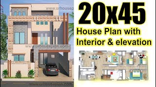 20x45 House plan with Interior amp Elevation  4 marla house plan  900 sq ft [upl. by Nnainot]