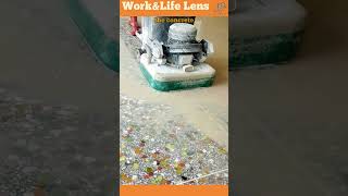 A grinding machine polishes concrete revealing stunning terrazzo flooring with embedded stones [upl. by Inalaehon]