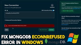 how to fix MongoNetworkError connect ECONNREFUSED 127001 27017 SOLVED in Mongodb compass windows [upl. by Aronal]