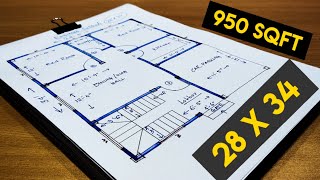 950 sqft house plan with car parking II 28 x 34 ghar ka naksha II 28 x 34 house design [upl. by Mirabel]