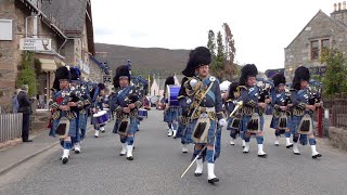 RAF Central Scotland Pipes and Drums march through Deeside to Braemar Gathering Highland Games [upl. by Friede]