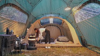 Solo camping in luxury XL tent with living room and room in heavy rain ASMR [upl. by Blanc]