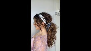 LOW PONYTAIL HEAD SCARF CURLY HAIRSTYLE IDEA USING A BANANA CLIP [upl. by Gehman994]