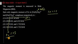 The magnetic moment is measured in Bohr Magneton BM Spin only magnetic moment of Fe in FeH2O6 [upl. by Cogan]