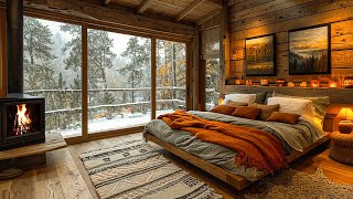 Relaxing scene on a snowy day at the wooden bedroom window  Warm winter fireplace  Cozy snow [upl. by Lyns]