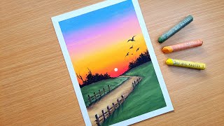 Oil Pastel Sunset Scenery Painting for Beginners  PATHWAY IN SUNSET  Easy Oil Pastel Drawing [upl. by Leiso425]