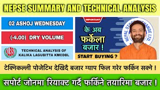 NEPSE 02 ASHOJ  INDEX DOWN 400  DRY VOLUME  KMCDB  MARKET SUMMARY AND TECHNICAL ANALYSIS [upl. by Pacificas]