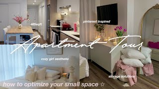 FURNISHED APARTMENT TOUR 485sqft 🎀🪞 how to decorate amp organize small space pinterest inspired [upl. by Anovad498]